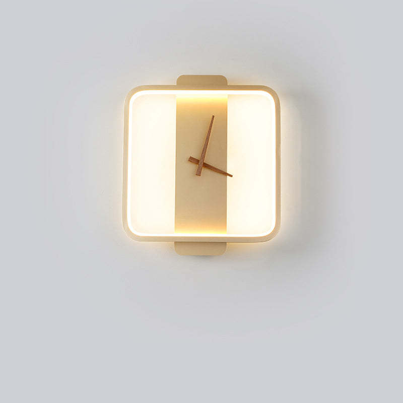 Alternate front image of gold-tone square Nielsen clock-face wall light with its perimeter illuminated