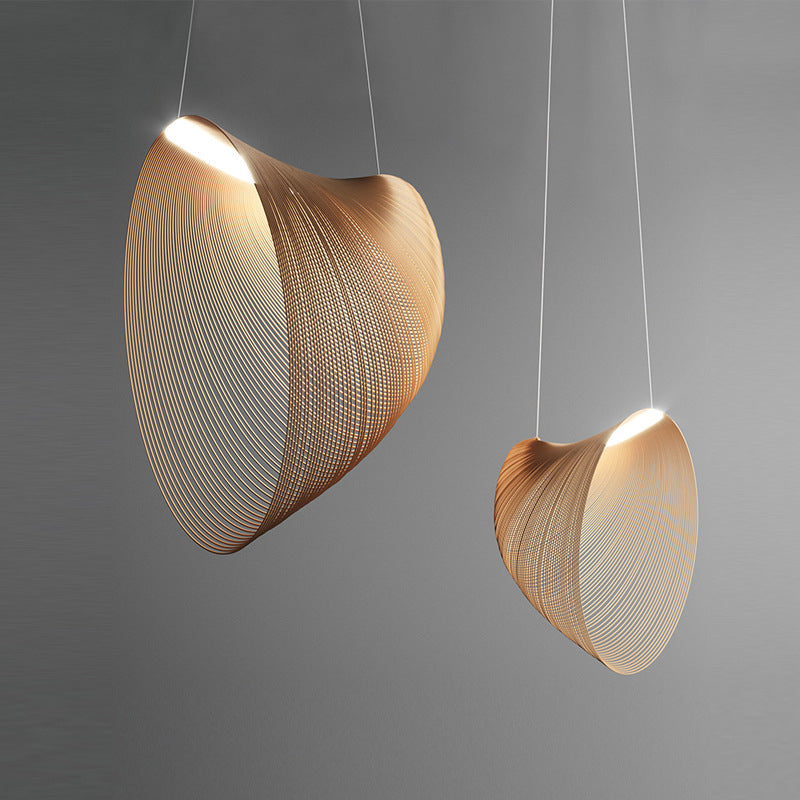 Two Ozawa sculptural wood pendants viewed from below