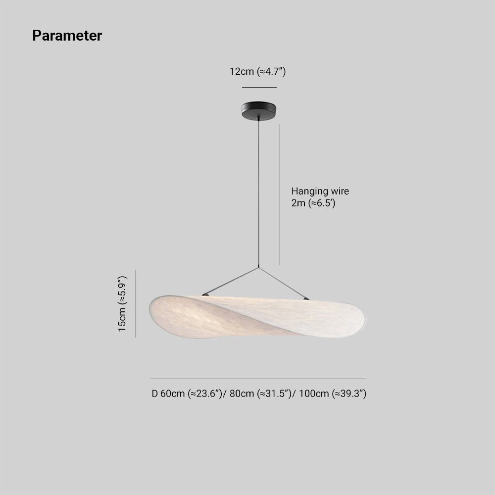Renée drawing showing 60, 80 and 100 cm diameters, a 2 m hanging wire, 12 cm canopy and 15 cm shade-side dimension