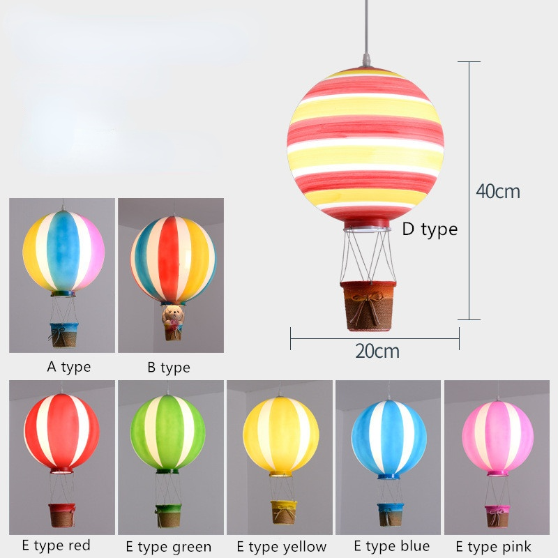 Balloon pendant design guide showing D at 20 cm wide and 40 cm balloon-to-basket height, with A, B and five E colours