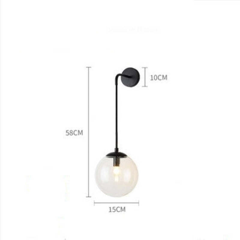 Black clear-globe wall light drawing marked 58 cm high, 10 cm plate and 15 cm globe