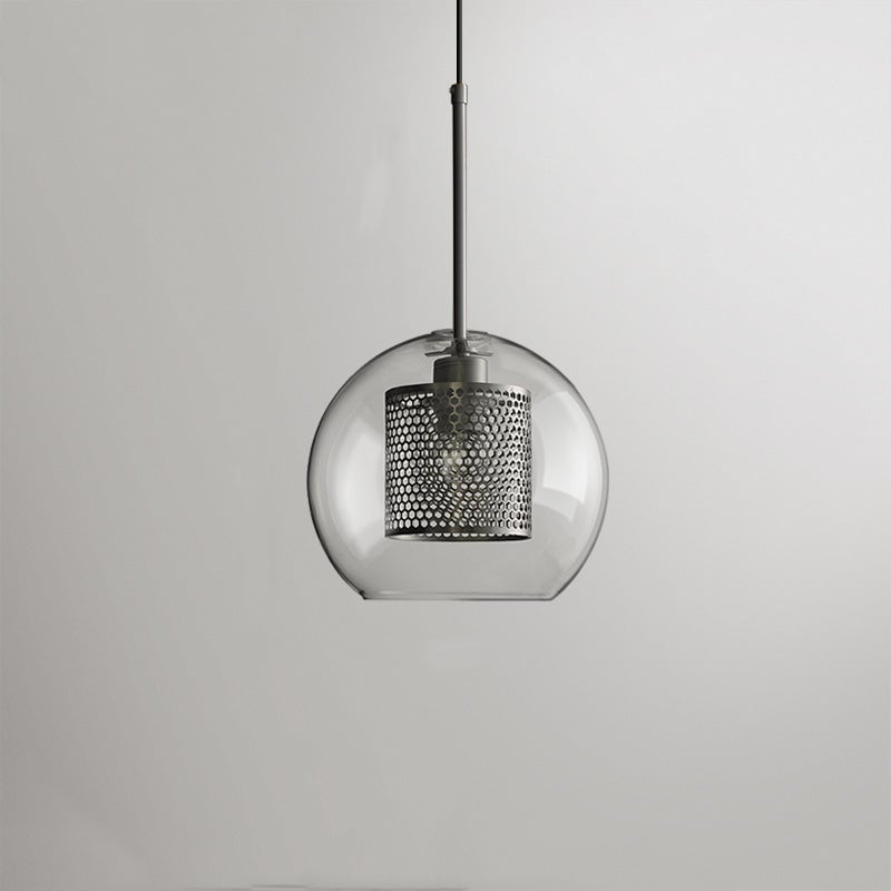 Silver Oneal B round glass pendant with a perforated cylindrical insert and black suspension cable