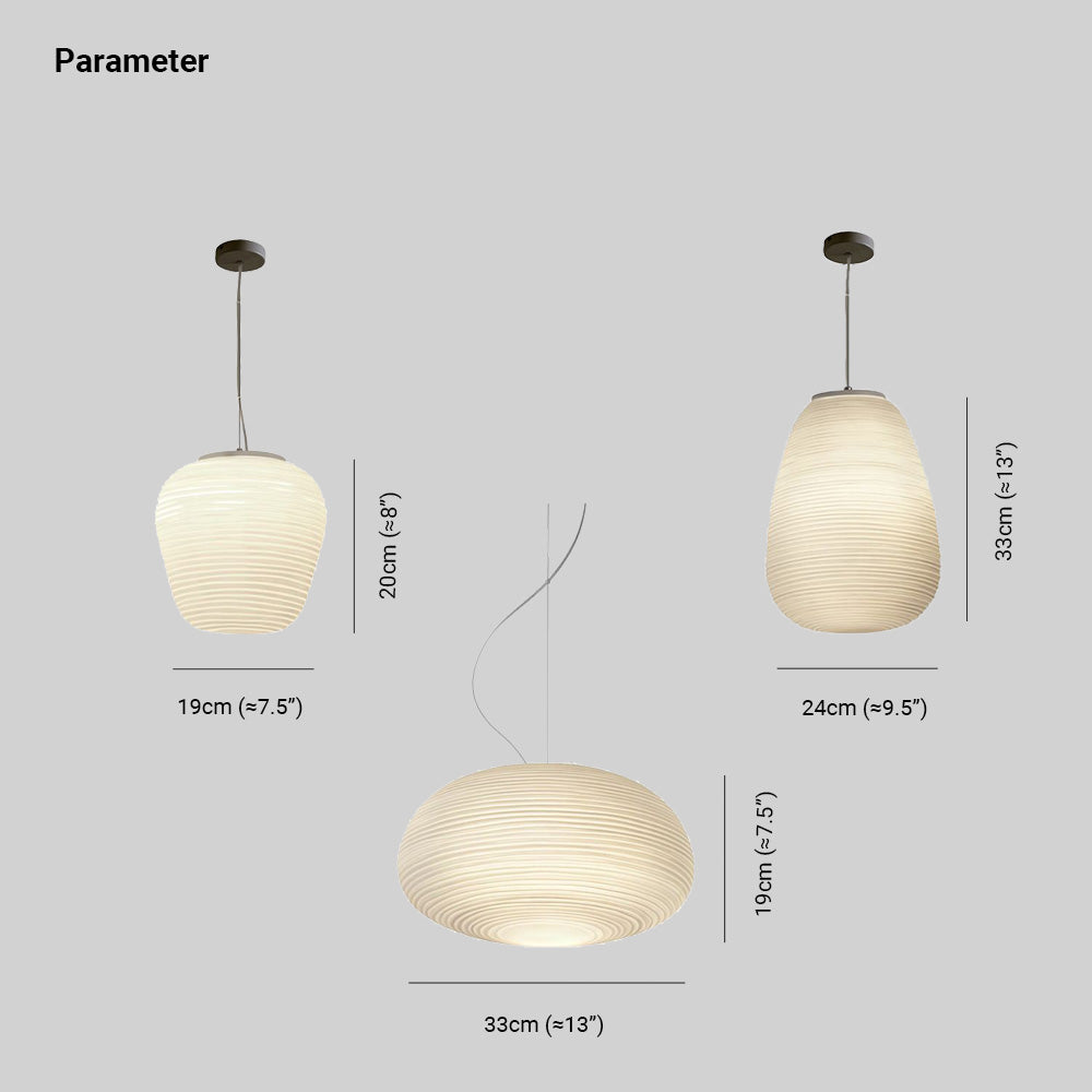 Renée shade diagram: compact 19 × 20 cm, tall 24 × 33 cm and wide flattened 33 × 19 cm, width by height