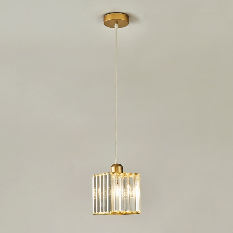 Isolated single square glass-bar shade with gold frame, small round gold canopy and pale suspension cord