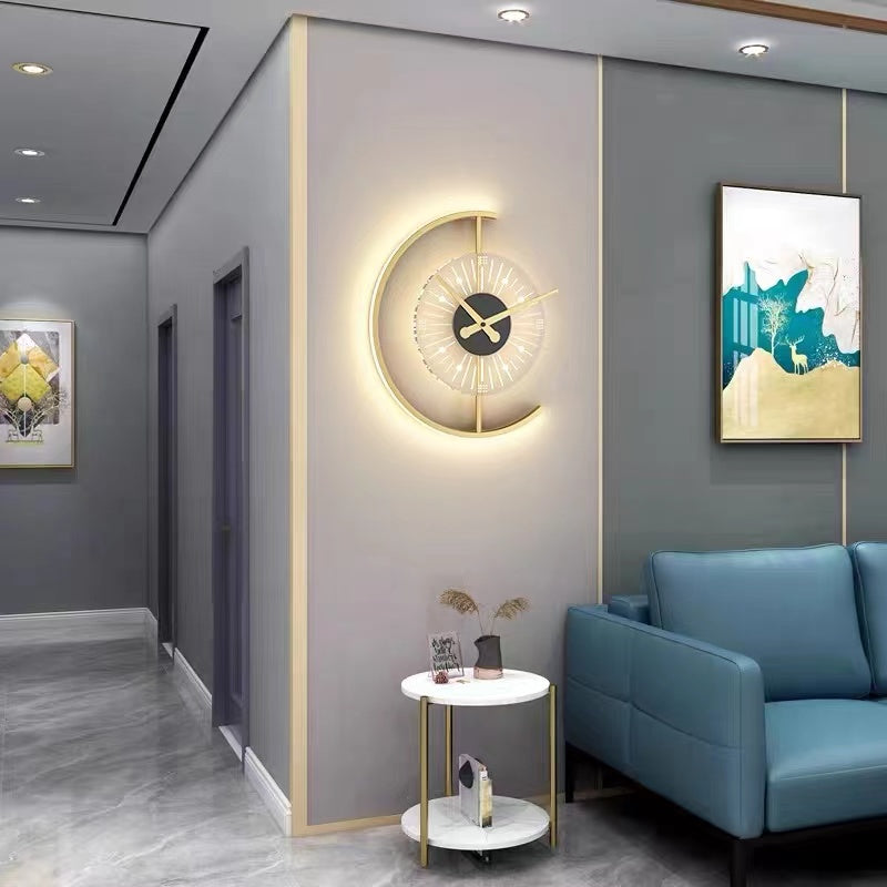 Nielsen clock wall light beside a blue sofa and hallway with framed art