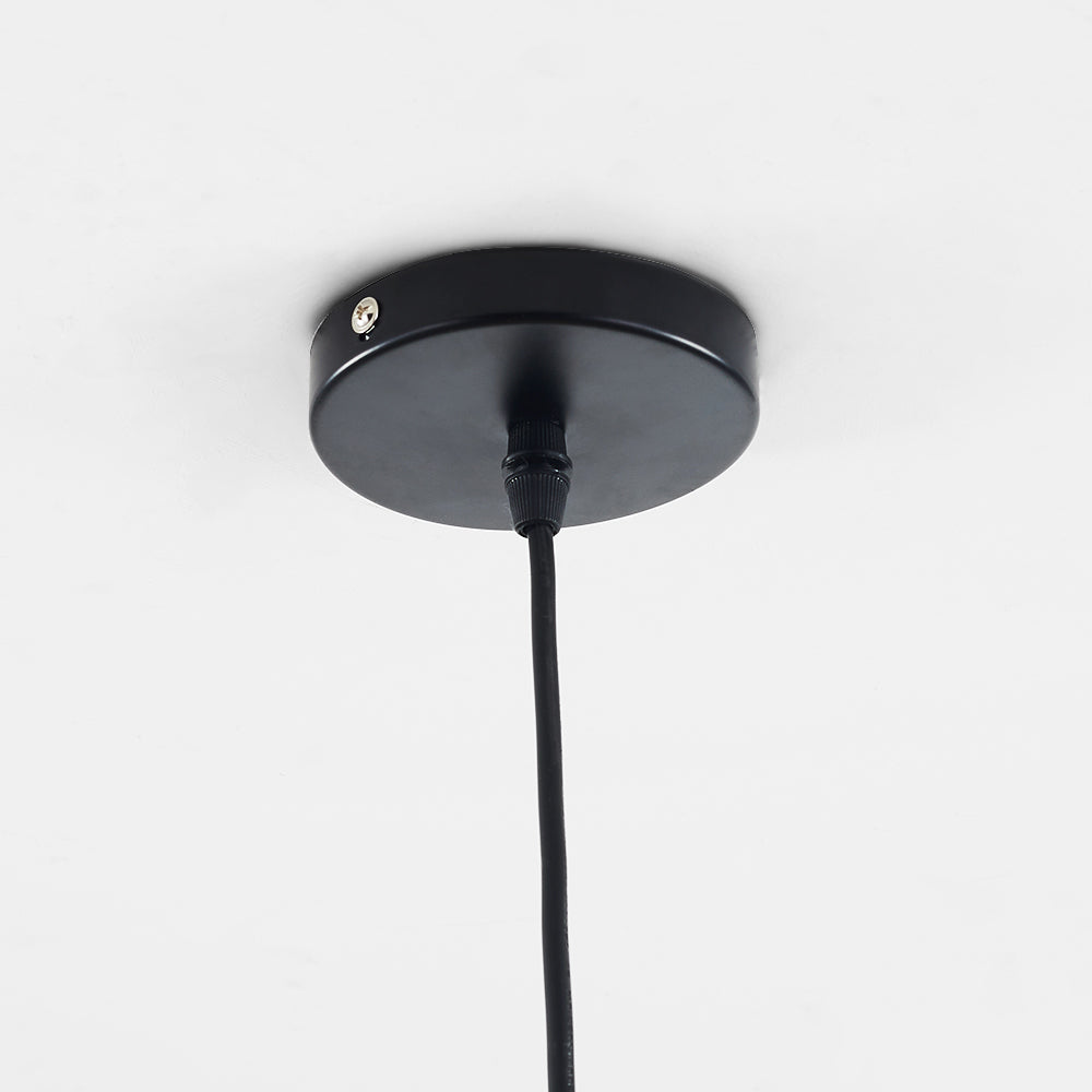 Close-up of the round black ceiling canopy, side fixing screw, central cable fitting and black cord