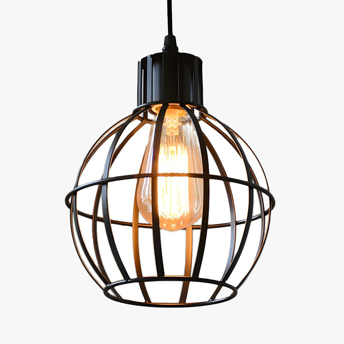 Black Alessio open cage pendant with its bulb visible through the metal ribs.