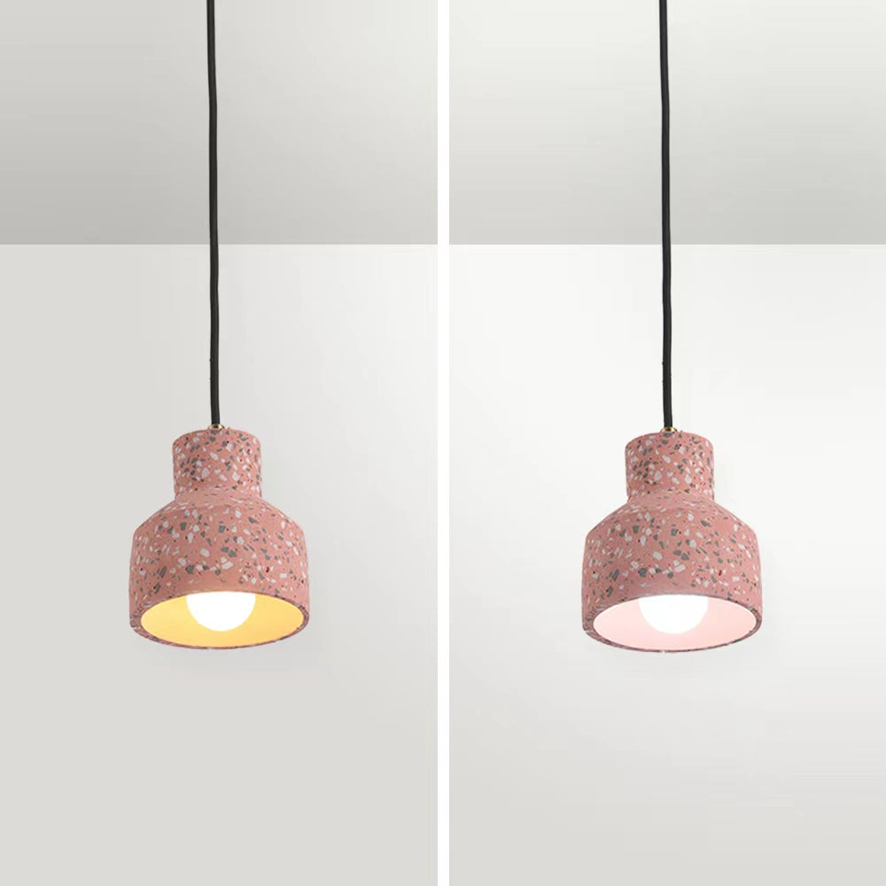 Red Morandi speckled pendant composite showing warmer and whiter bulb illumination beneath the same coral-toned shade