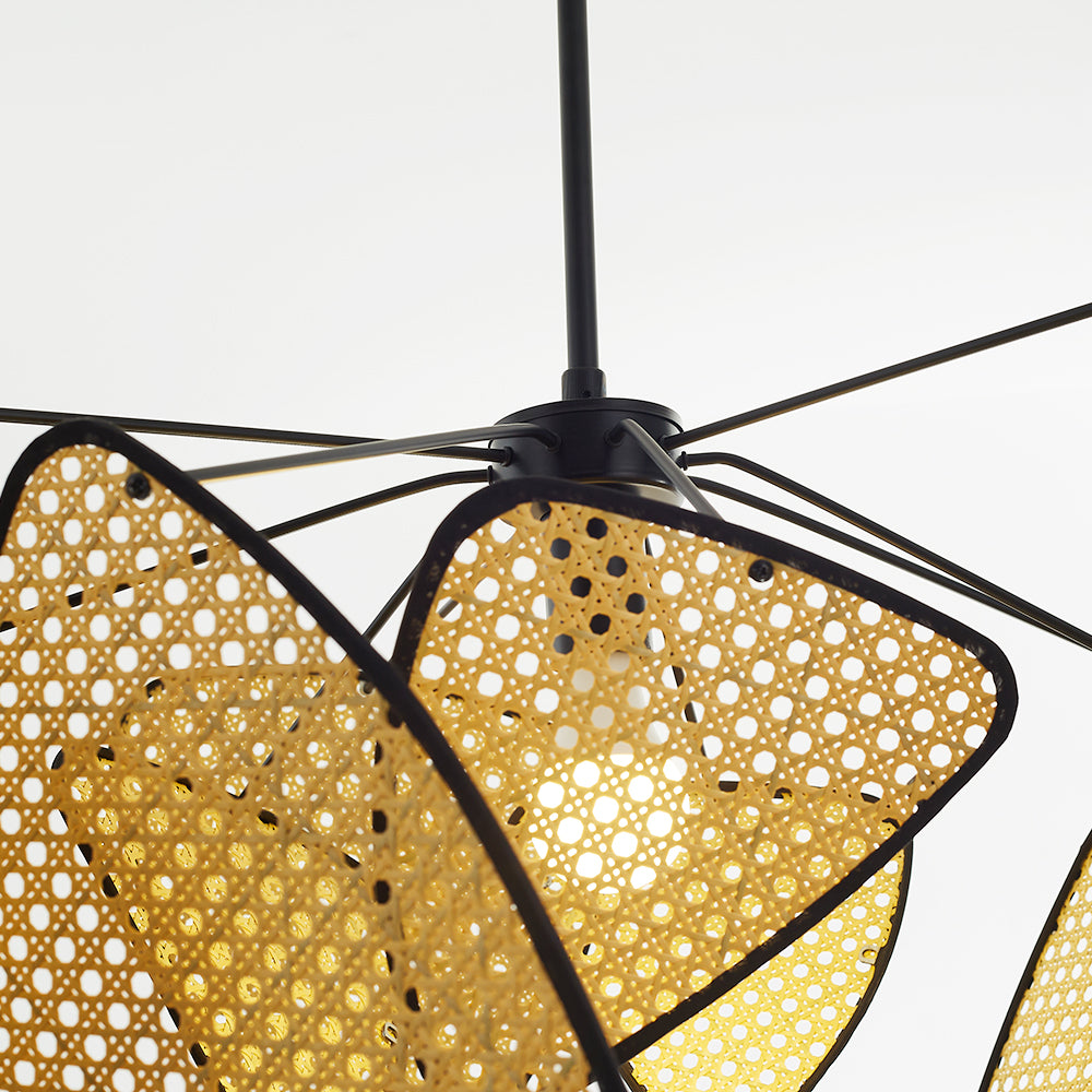 Dark branching metal hub beside open rattan leaf weave