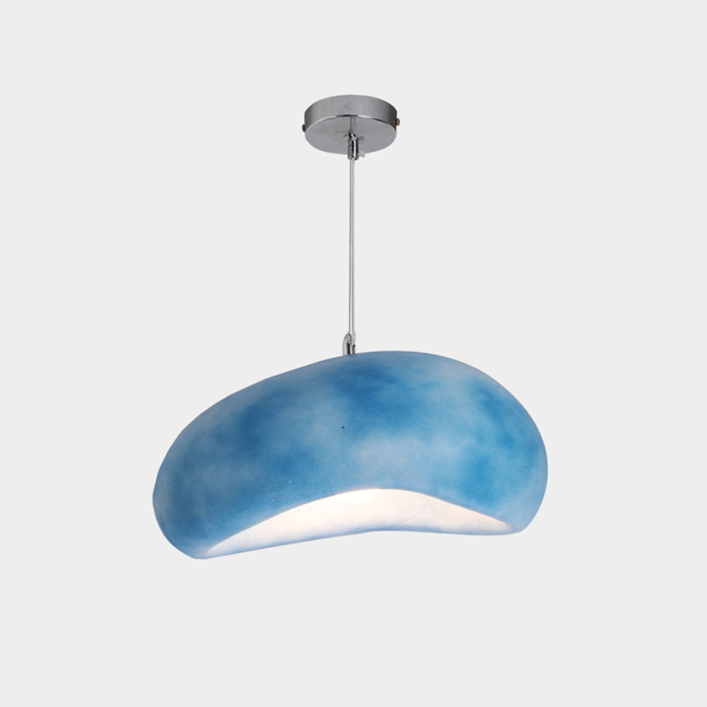 Blue finish view of the Byers pendant light, with cloud-like blue mottling across the broad curved shade.