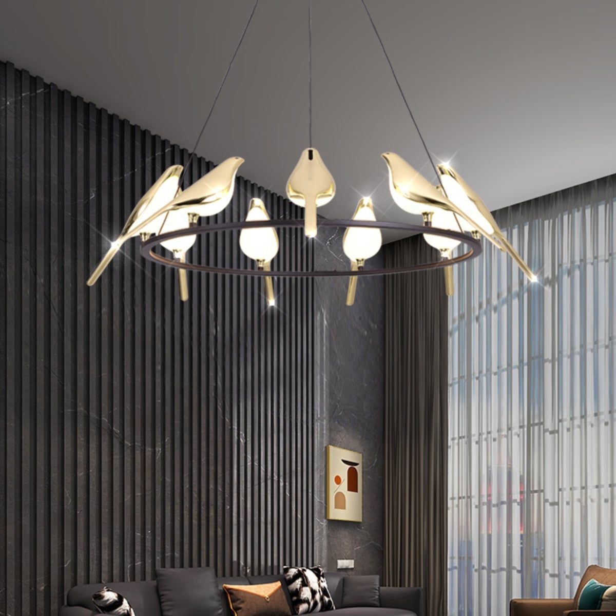 Nine-bird ring pendant in room with dark slatted wall