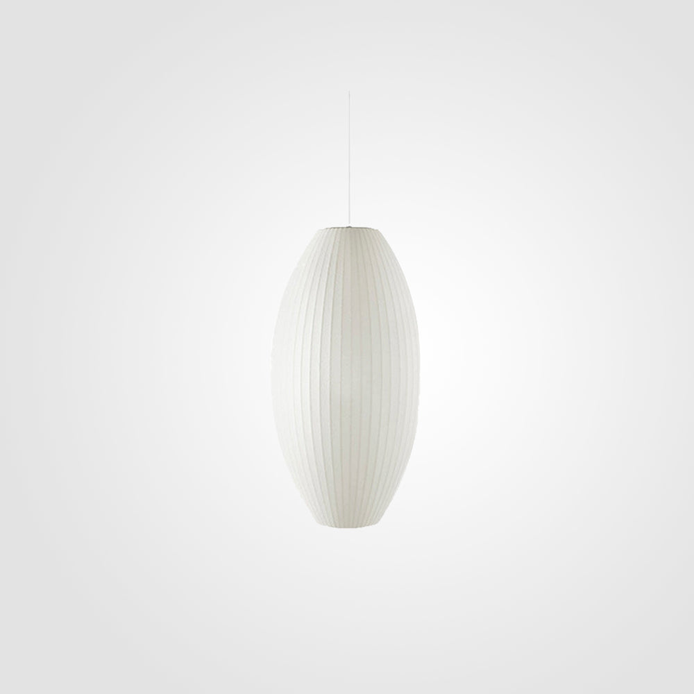 Single tall white oval pleated pendant on plain background
