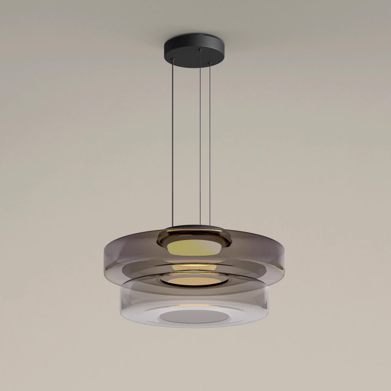 Smoke-grey two-layer glass pendant with dark canopy