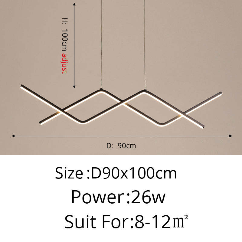 Black Louise Polyline guide showing 90 cm span, 100 cm adjustable upper suspension, 26 W and an 8–12 m² room suggestion