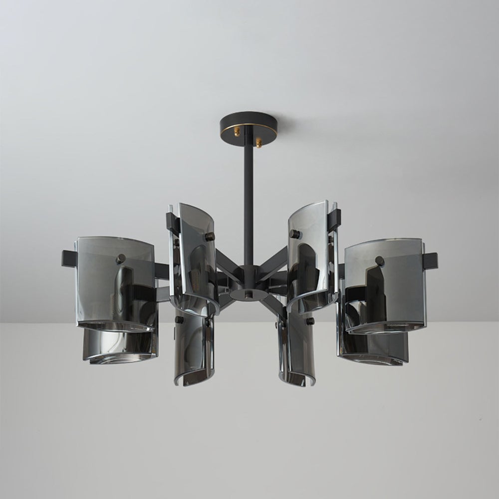 Unlit black multi-arm pendant with grey curved glass panels, straight stem and round canopy against grey