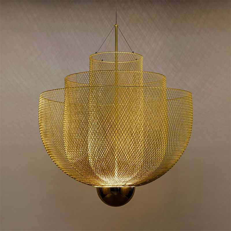 Close Gold metal mesh pendant with visible inner tiers