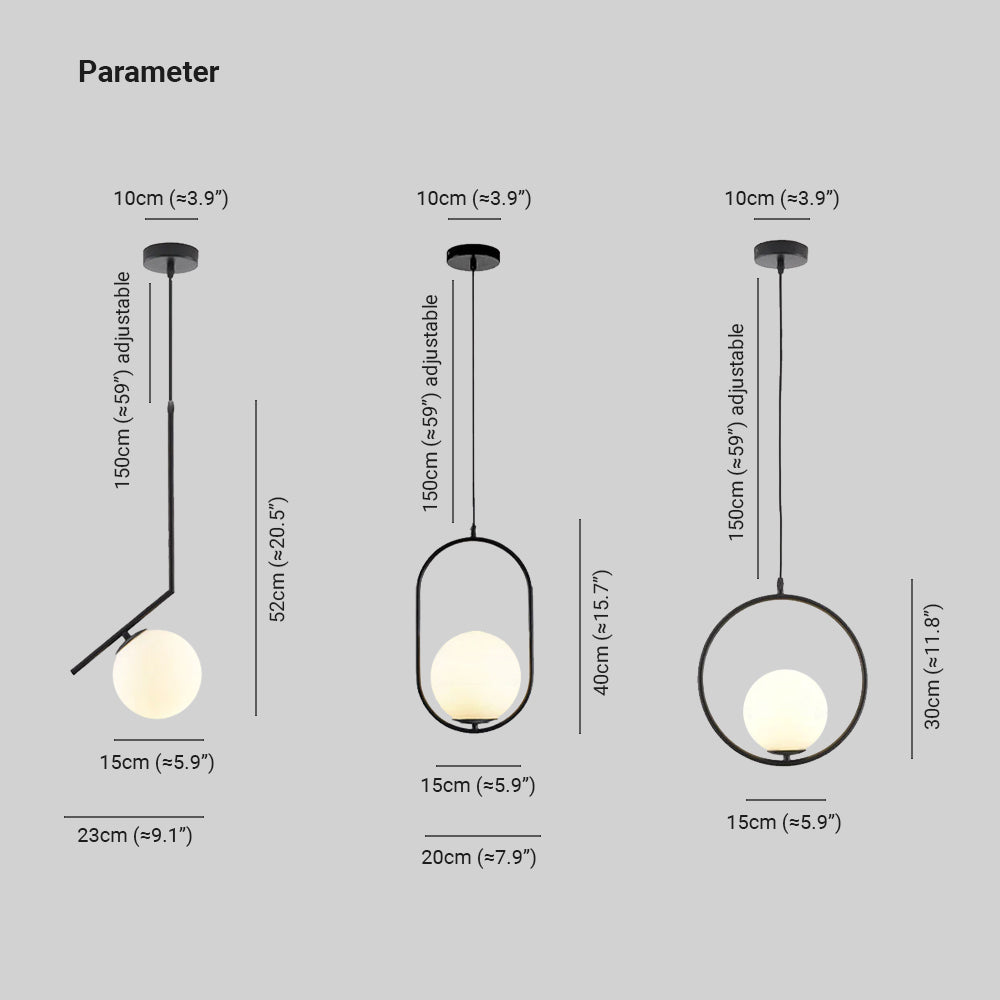 Valentina guide: A 30 cm high, B 40 by 20 cm, C 52 by 23 cm bodies; 15 cm globes, 10 cm canopies and 150 cm upper suspension