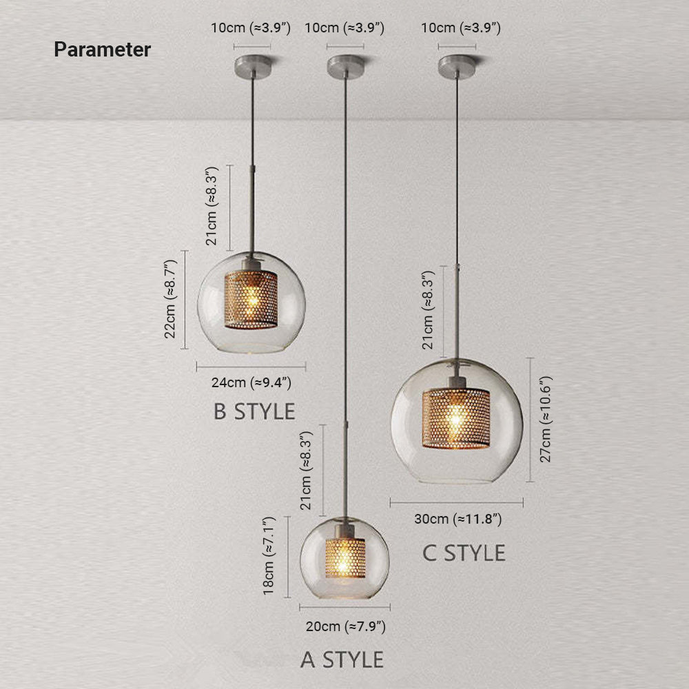 Oneal A, B and C globe pendant size chart