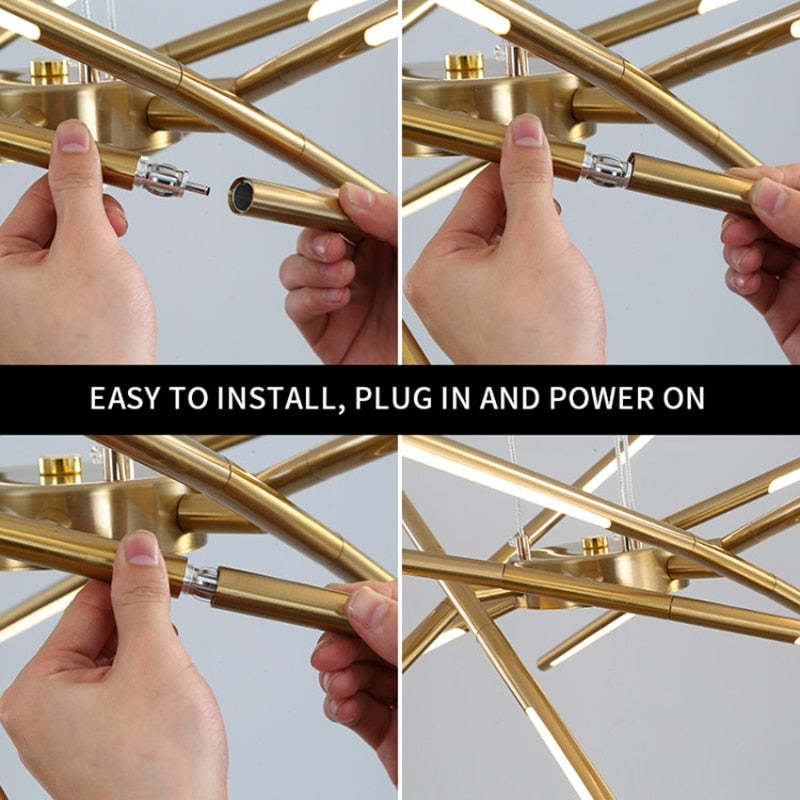 Four-panel close-up showing hands fitting a gold light rod onto the central hub connector and the assembled LED rods