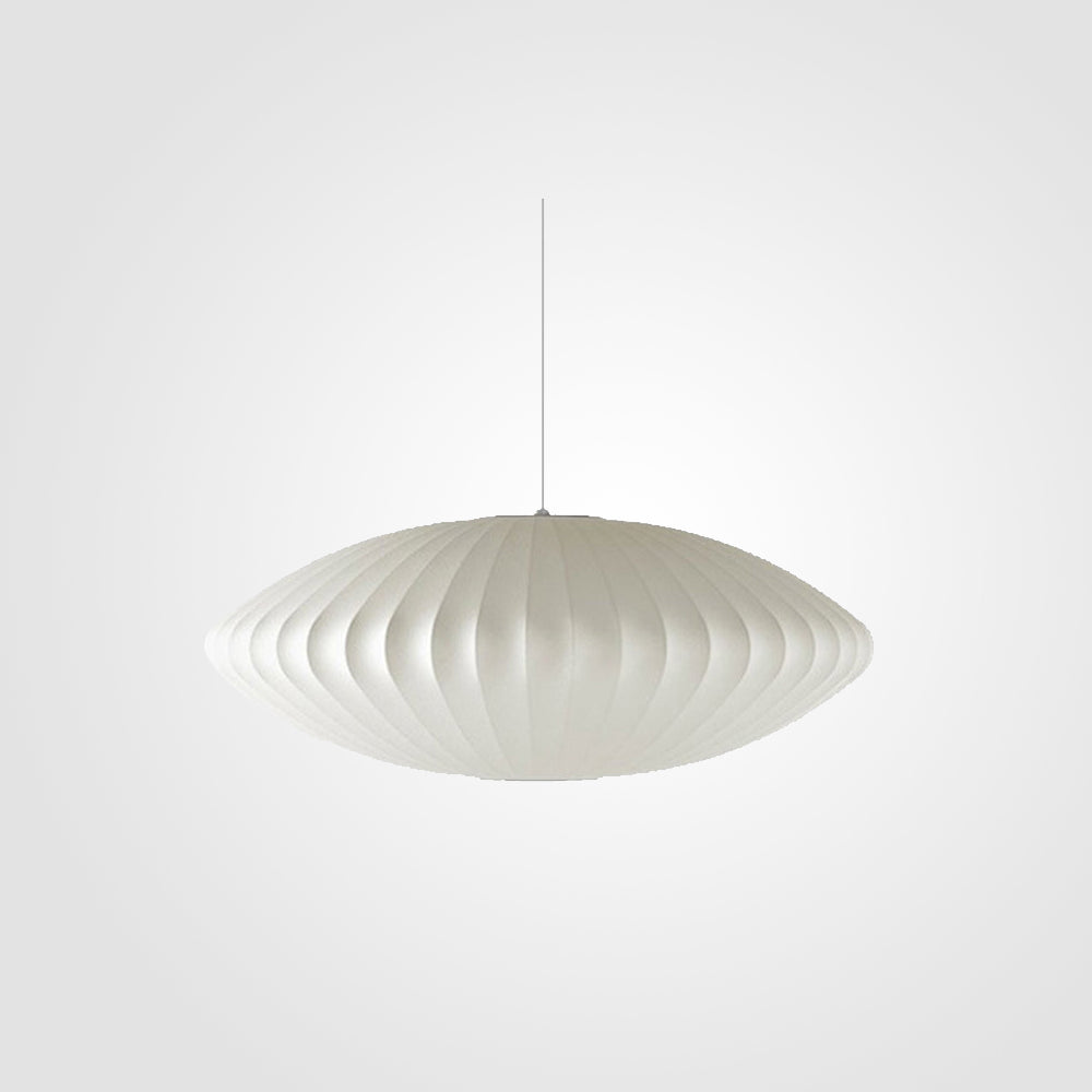 Single wide flattened white pleated disc pendant on plain background