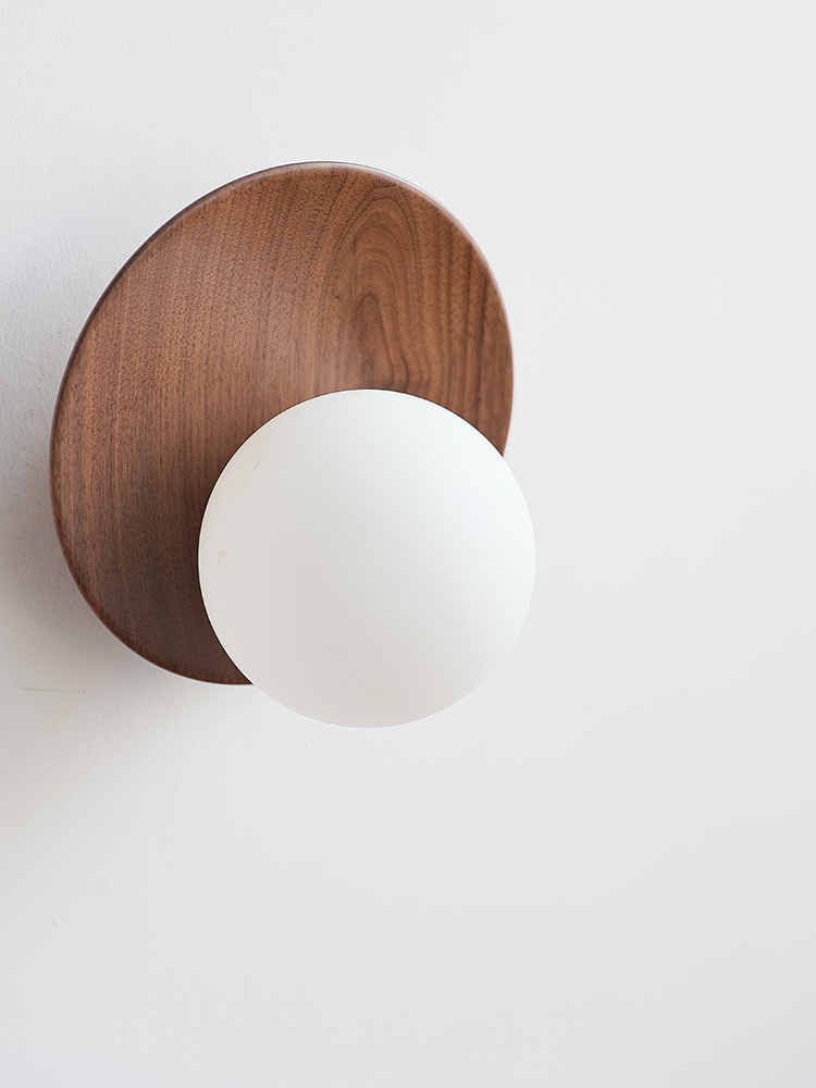 Unlit Lunetta white globe and walnut disc detail