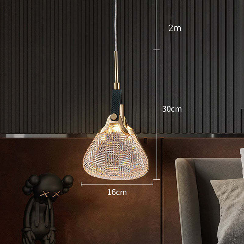 Flared Hailie bedside pendant labelled 16 cm wide, 30 cm body and 2 m suspension.