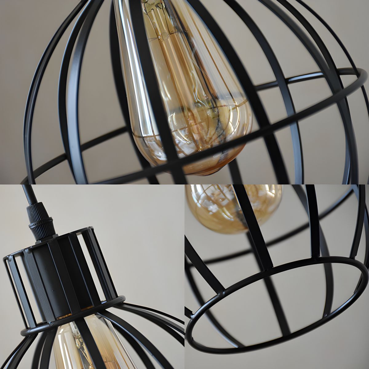 Detail collage of the Alessio cage ribs, bulb holder and open metal construction.