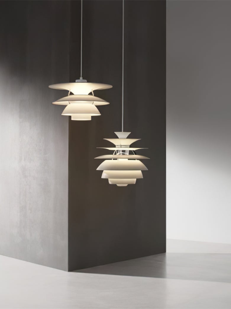 Two white Snowball pendants pictured at different heights