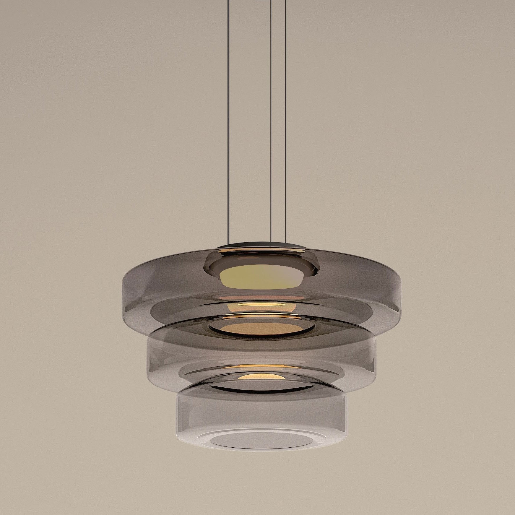Smoke-grey three-layer glass pendant with dark canopy