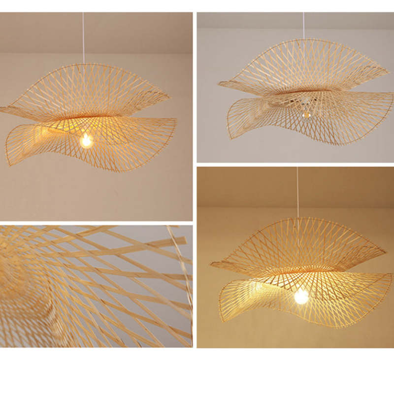 Four-panel views of double-layer wavy woven shades, lit and unlit, with strip-weave detail