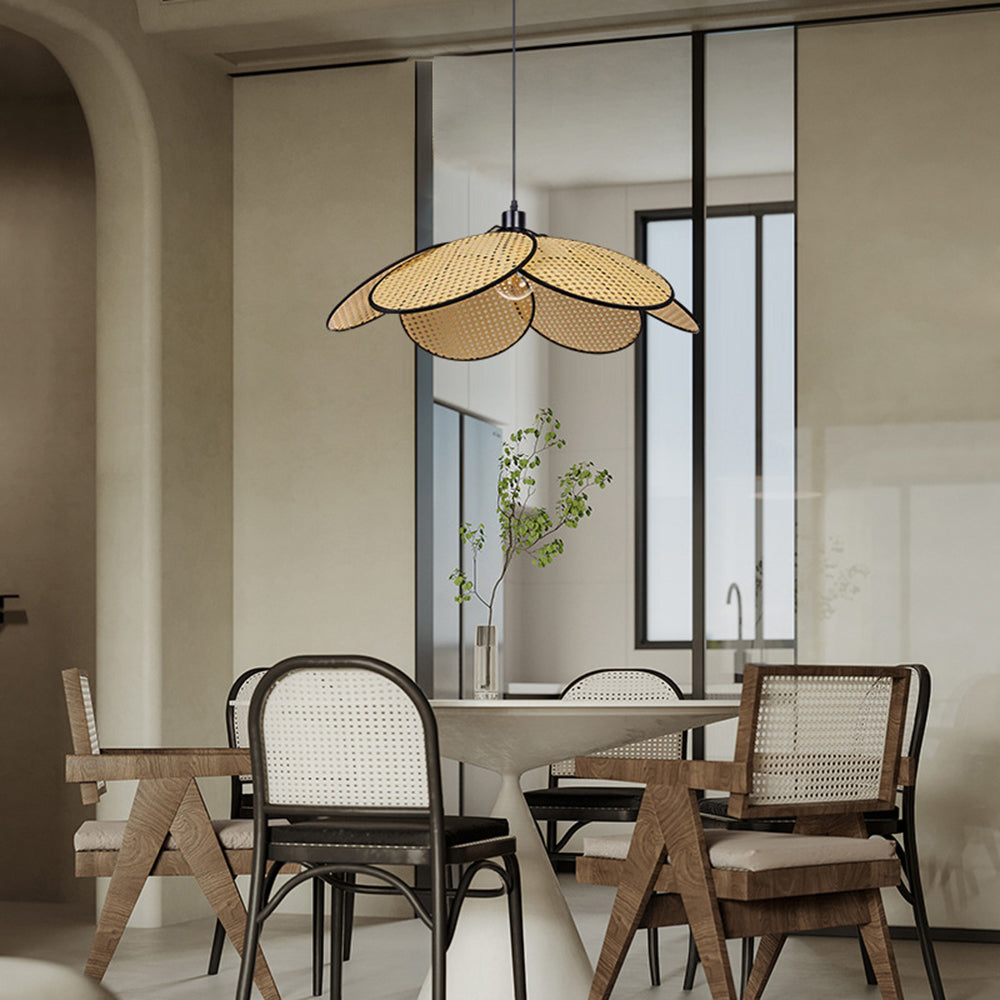 Black 23.6-inch option photo above a white pedestal table and mixed woven chairs beside a glass partition