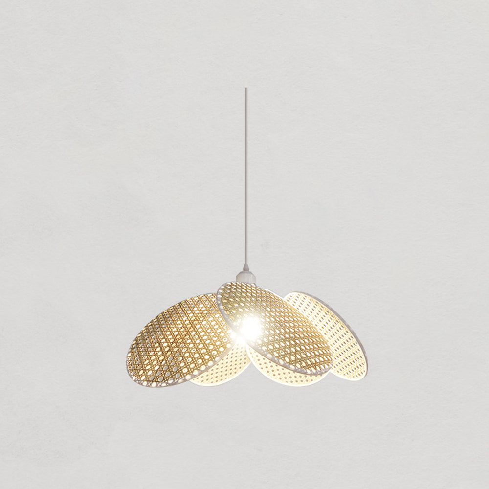 White option photo showing pale-edged beige woven petals, a white cord and lit bulb against a light gray background