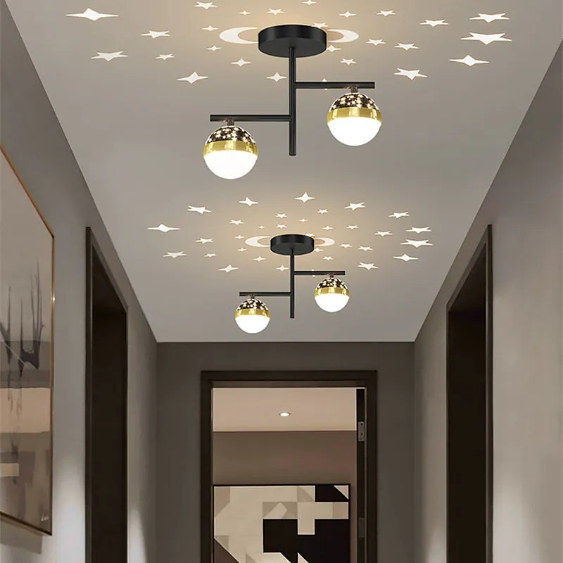 Black A-style two-globe ceiling lights with star-like ceiling shapes