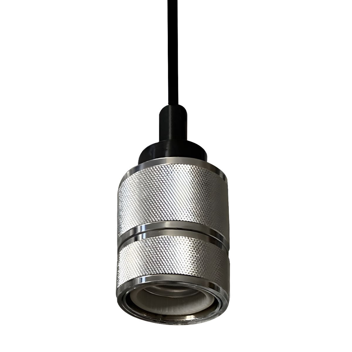 Close view of a silver-tone Cooley cylindrical holder without a bulb