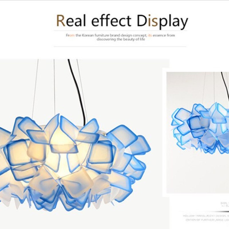 Blue-edged Bella flower pendant composite with a lit main view and an unlit inset beneath the Real effect Display heading