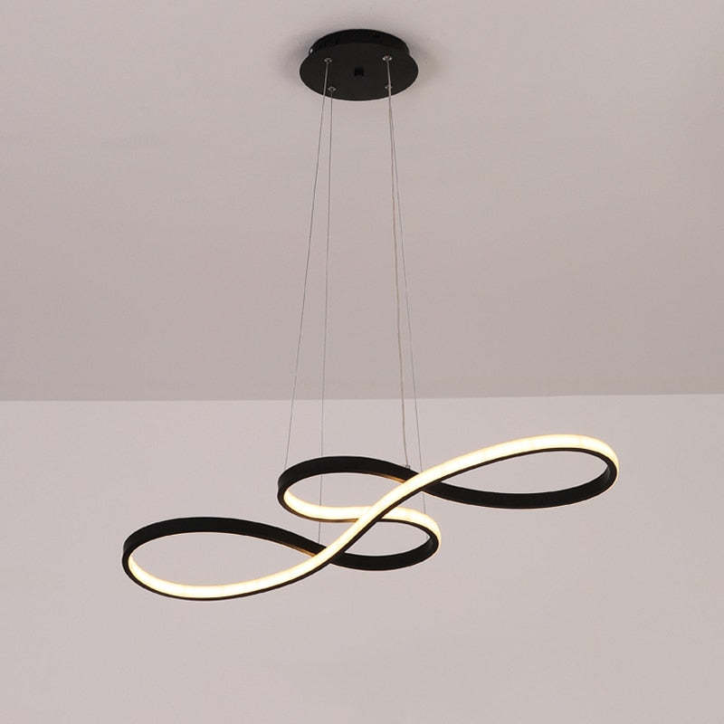 Black looping LED pendant hanging from a round canopy
