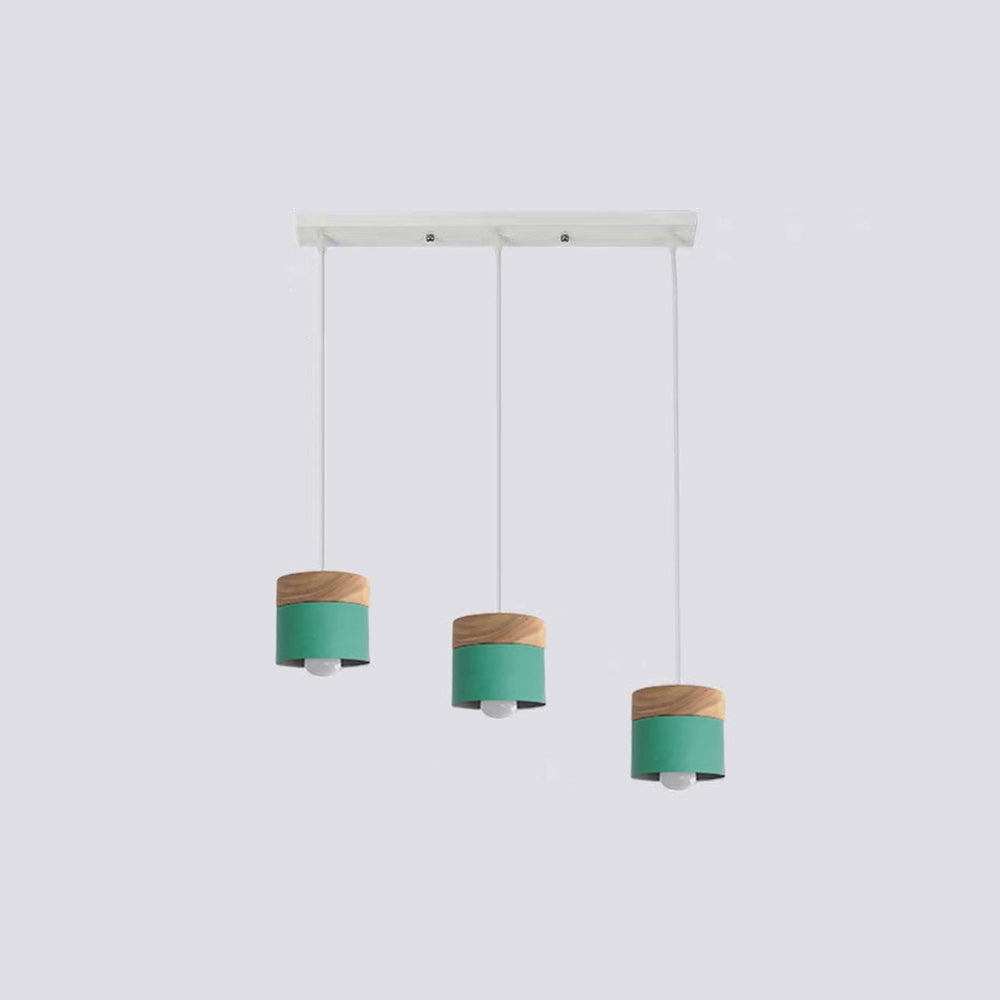 Three green wood-accent cylindrical heads suspended from a long white rectangular canopy