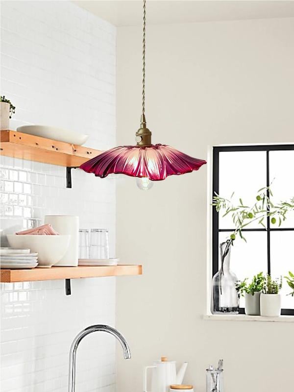Wide purple lotus pendant above a kitchen area