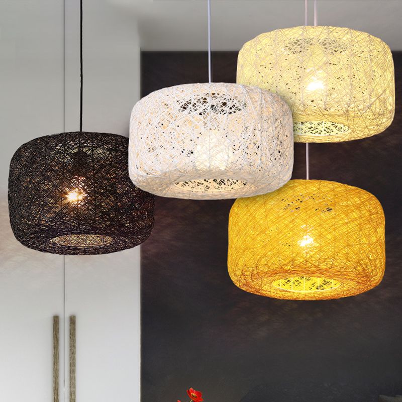 Four woven rattan cylinder pendants in different colours
