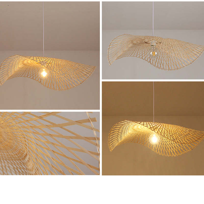 Four-panel views of a single wavy woven brim, visible bulb and strip-weave close-up