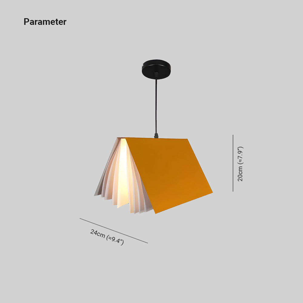 Yellow book pendant drawing with 24 cm lower span and 20 cm body height