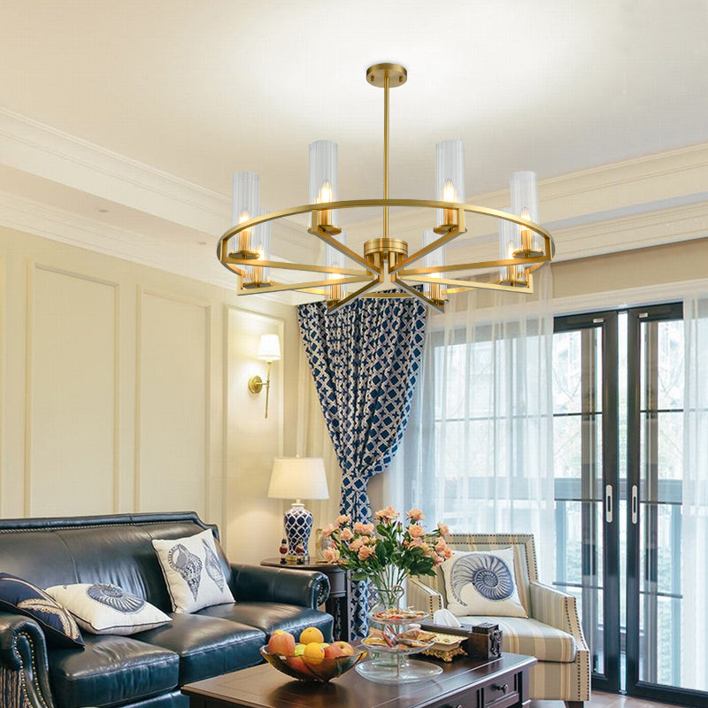 Gold-tone glass ring pendant in bright living room