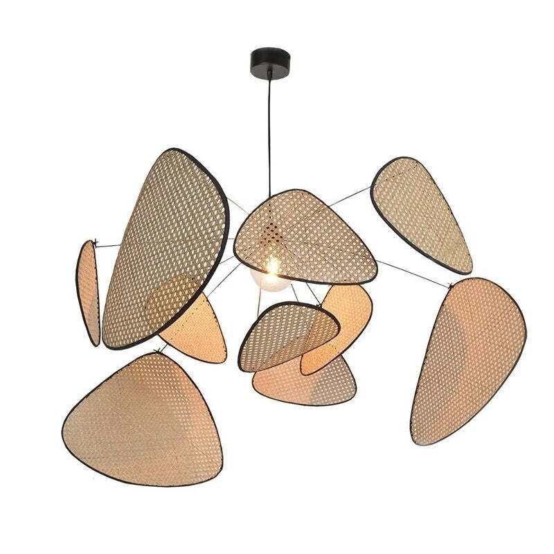 Ritta pendant isolated with dark central rod and tan leaf panels