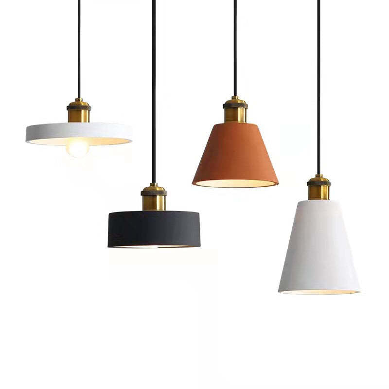 Morandi white disc, orange flared, black drum and white tapered shades on separate cords.