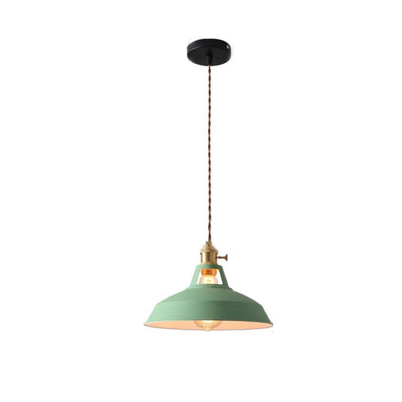Green metal dome pendant with twisted brown cord, gold-coloured top fitting and black canopy