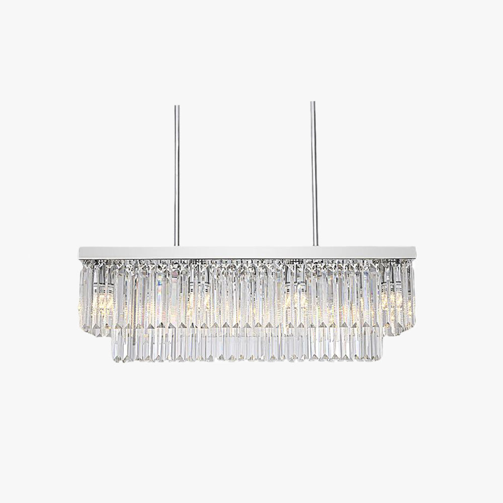 Front view of the illuminated Marilyn silver-coloured frame and tiered crystal prisms on a white background