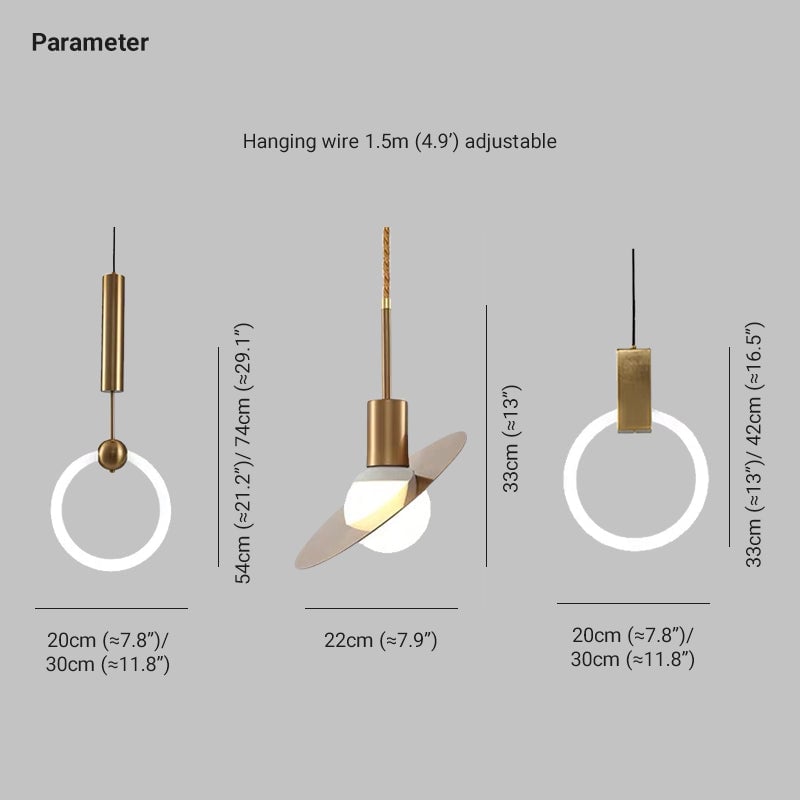 Cooley diagram compares ring and tilted-disc globe dimensions and notes a 1.5 m adjustable hanging wire.