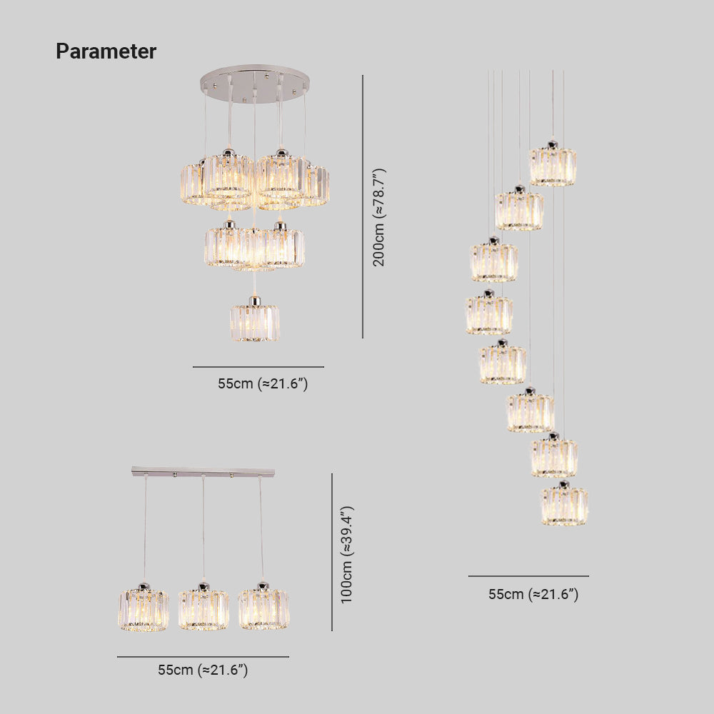 Diagram of three Hailie crystal pendant layouts and dimensions
