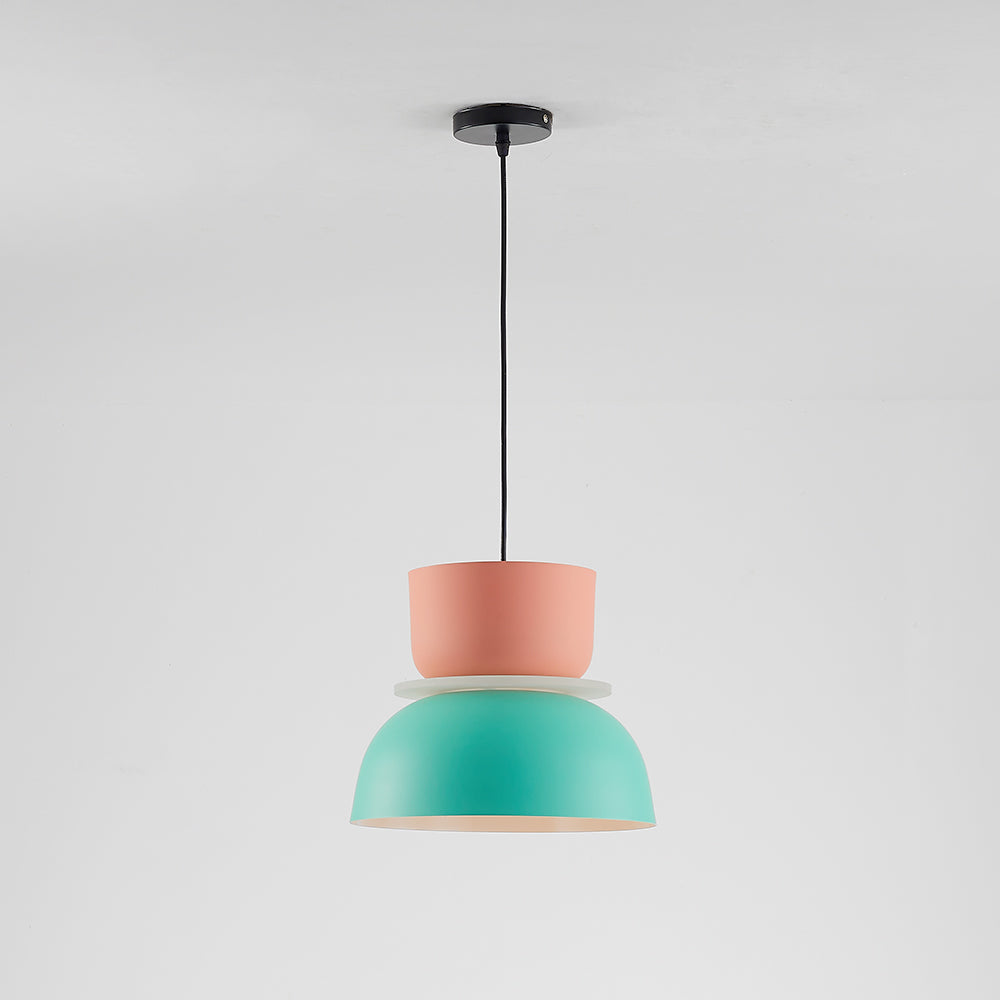 Full Morandi Pink Green single pendant on white, with a round black ceiling cap, cord and stacked bowl-and-dome shade