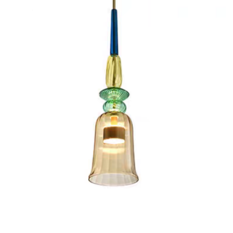 Golden tapered glass pendant below green glass disks
